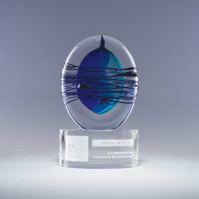 Magical engraved artless award with brooding blue swirls