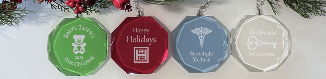 Personalized Engraved Crystal Red, Green, Blue and Clear Ornaments and Suncatchers