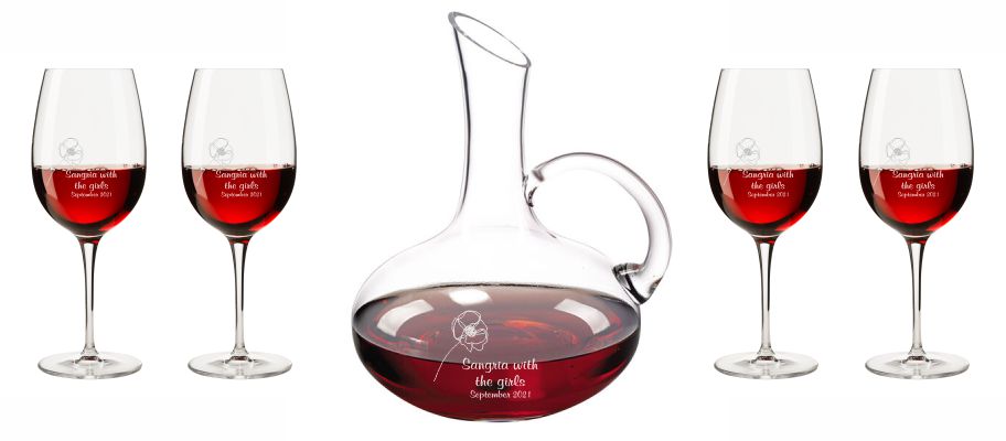 engraved wine pitcher with 4 red wine glasses all engraved