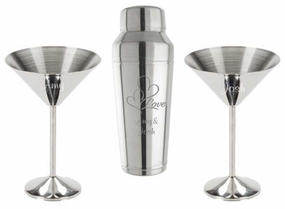Engraved Stainless Steel Cocktail Shaker and Martini Glasses