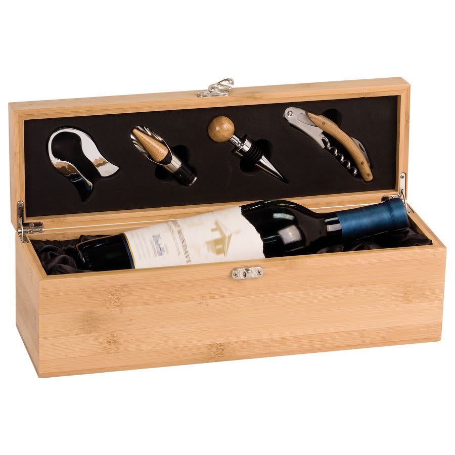 Engraved Bamboo Wine Bottle Gift Box with Tools