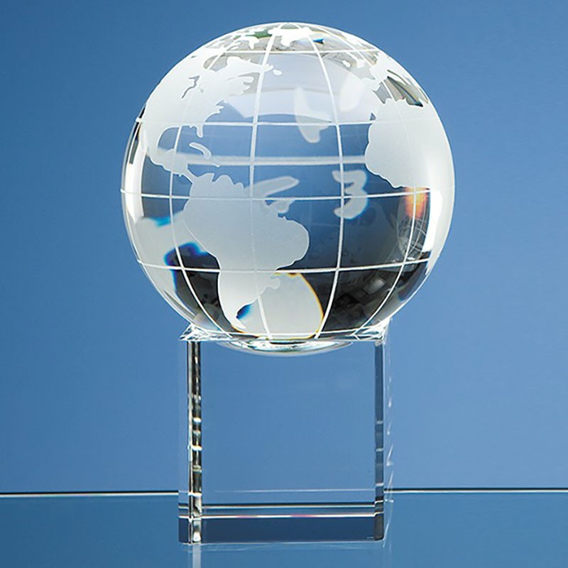 Engraved Crystal Earth Globe with Meridians on Concave Base