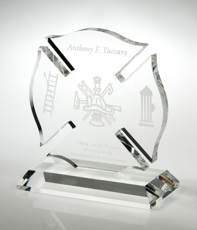Engraved Crystal Maltese Cross Firefighter Award