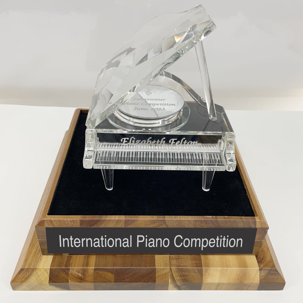 Large Crystal Grand Piano on Oak Wooden Base