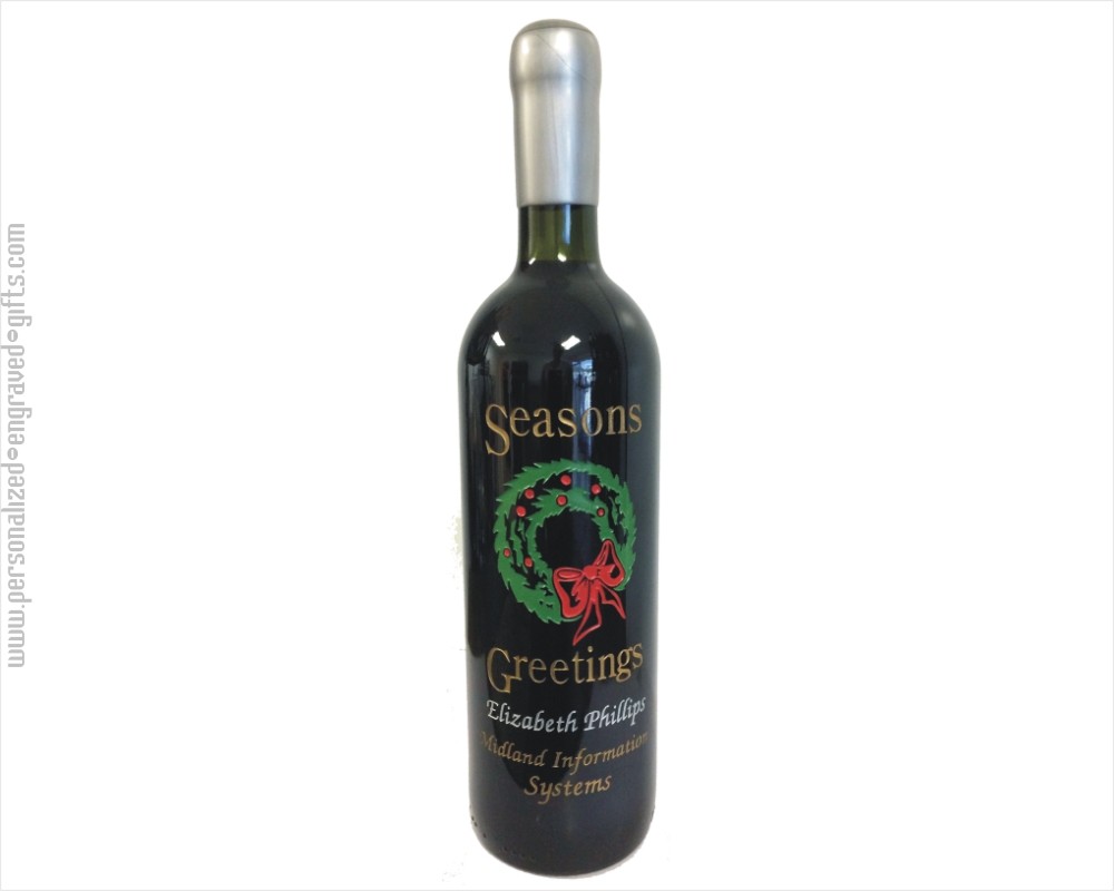 Personalized Engraved Wine Bottles - Holiday Wreath Designs