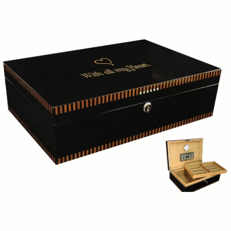 Engraved Black Lacquer Humidor with Inlay Design- Winston