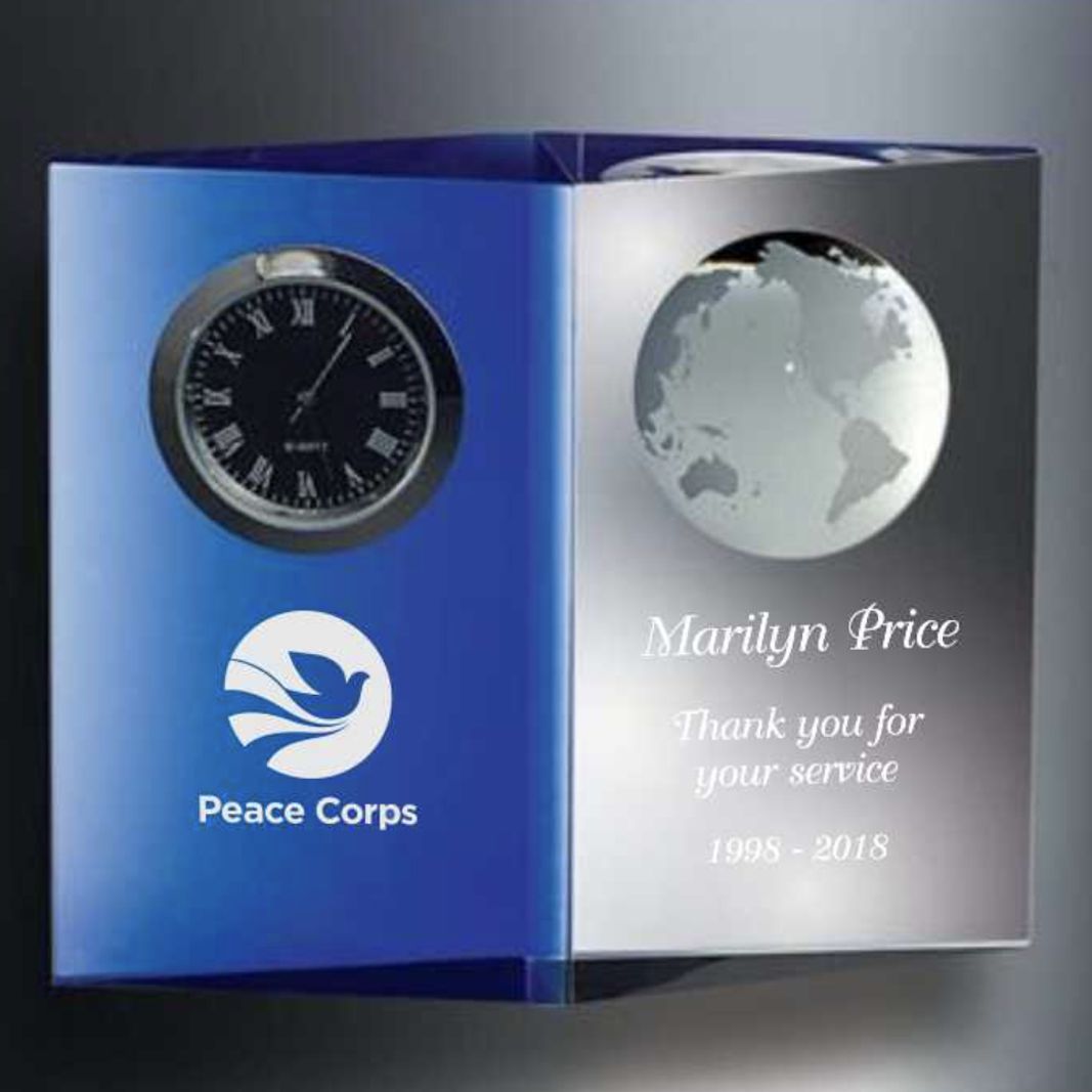 Engraved Crystal Clock with Inlaid Earth - Blue Planet