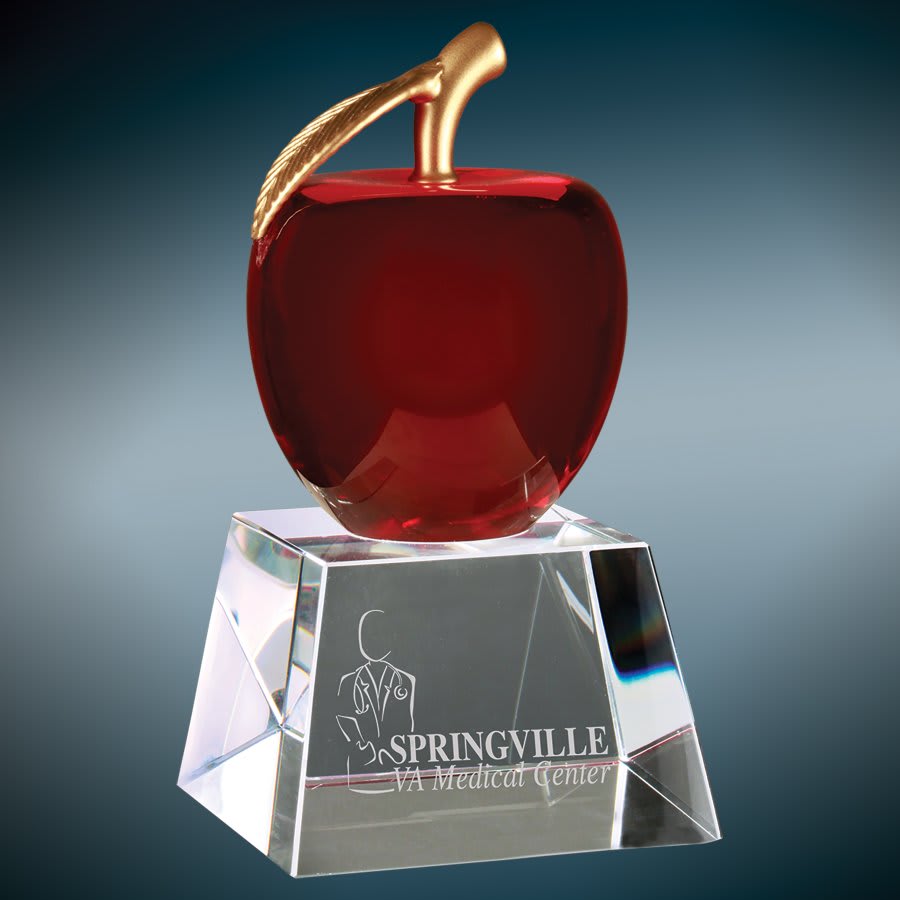 Crystal Red Apple with Golden Stem on Clear Crystal Base