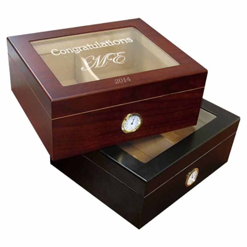 Engraved Wooden Humidors - 10inch - Cabana Glasstop