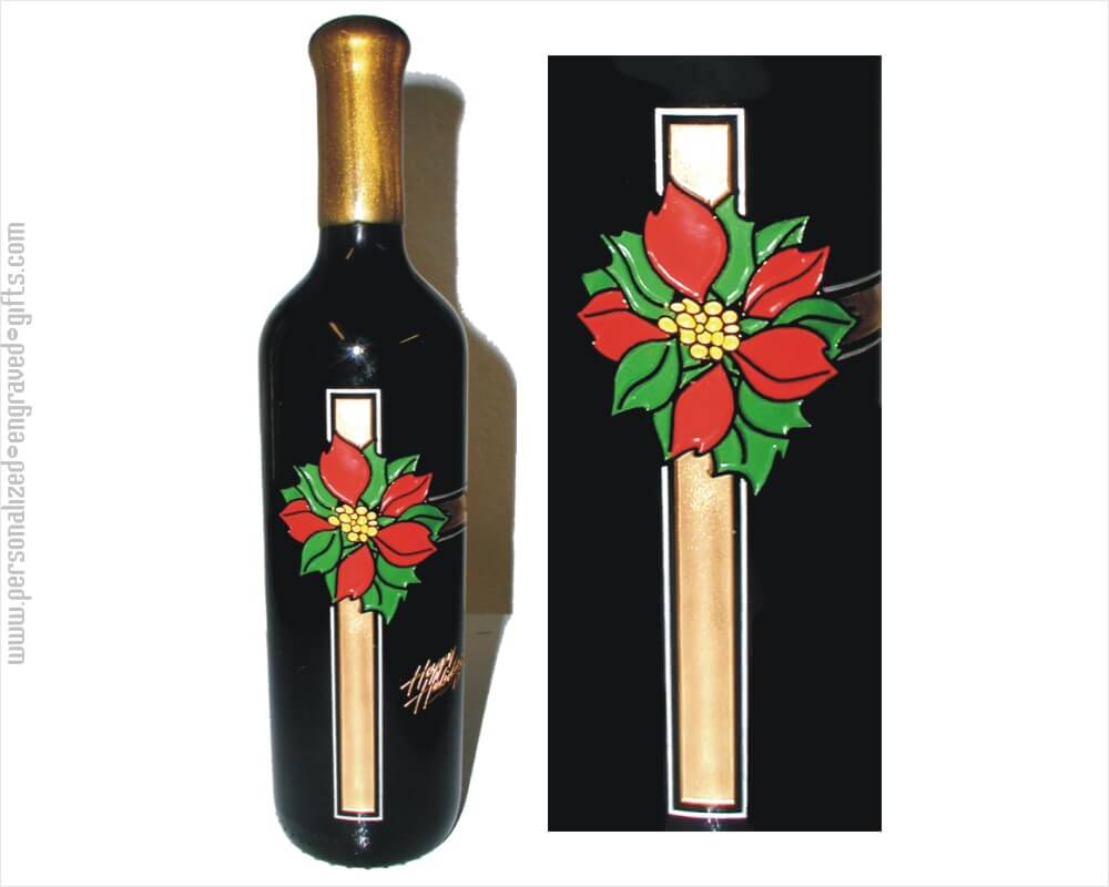 Holiday Poinsettias and Ribbons Deep Engraved Wine Bottle