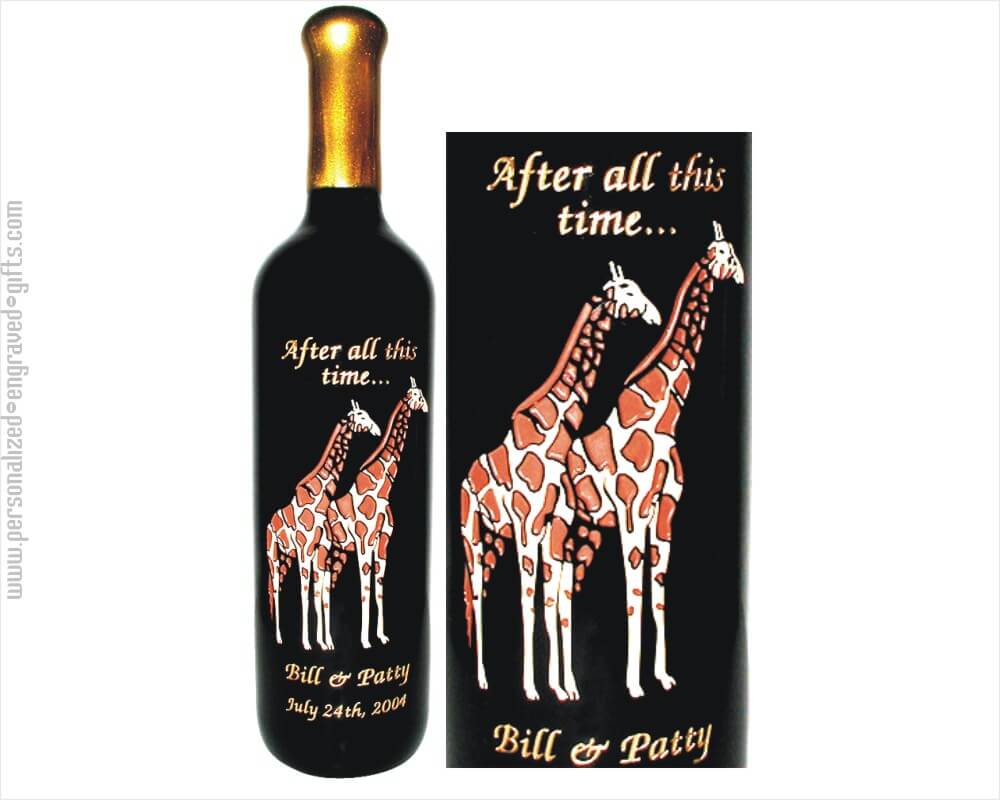 Two Giraffes Deep Engraved into Wine Bottles
