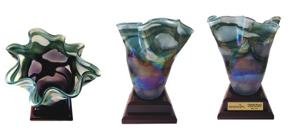 engraved art glass vase with textured accents