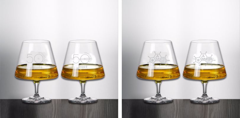 engraved cognac glasses personalized with logo and anniversary 
