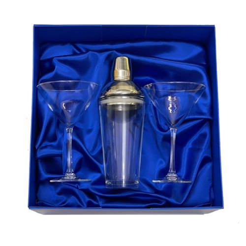 glass cocktail shaker in blue gift box with 2 stemmed martini glasses