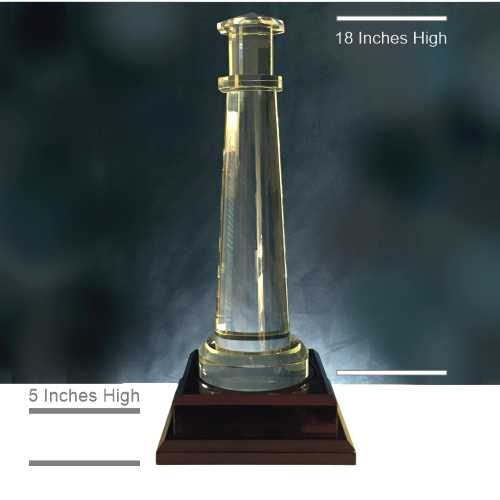 18 inch crystal lighthouse blank on wooden base with measurements