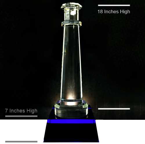 18 inch crystal lighthouse on blue base with measurement guide