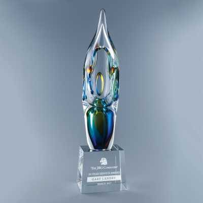 Abstract Engraved Art Glass Award with Warm Mediterranean Colors