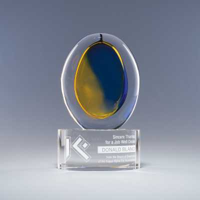 Crystal artglass award with yellow and blue