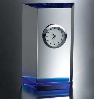 Engraved Crystal Clock with Blue Base