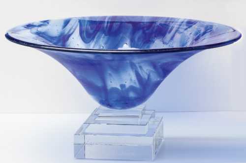 Engraved Pedestal Blue Art Glass Presentation Bowl