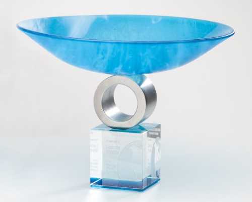 Engraved frosted Blue Pedestal bowl