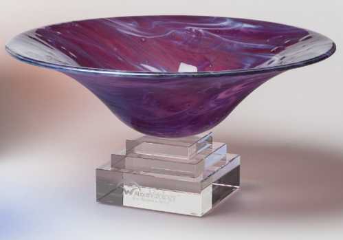 Personalized Engraved Purple Art Glass Bowl with Clear Pedestal Base