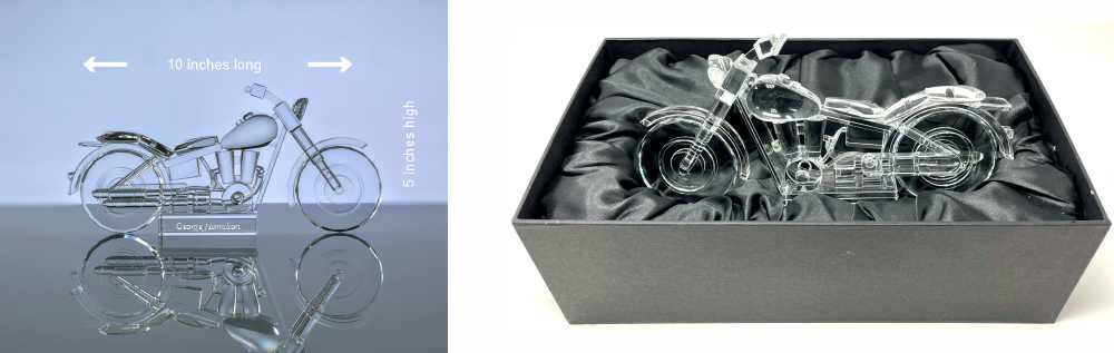 Engraved Crystal Motorcycle Award and Figurine Details