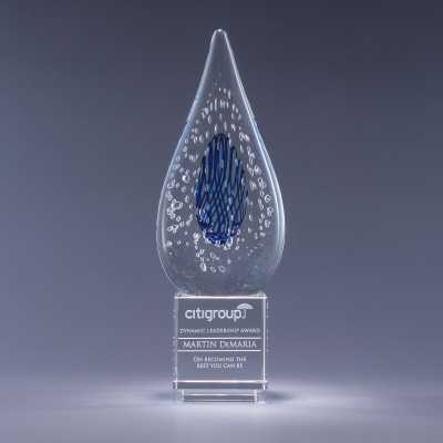 Personalized engraved art glass teardrop award with suspended air bubbles
