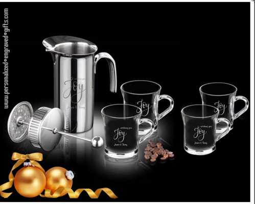 Personalized Stainless Steel French Press Carafe with 4 Glass Mugs