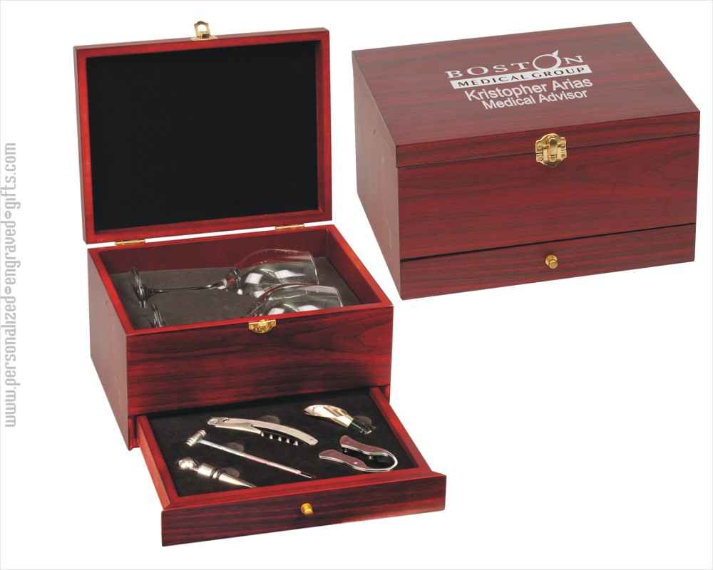 Engraved Wine Tool Gift Set with Glasses in Rosewood Box Sandy
