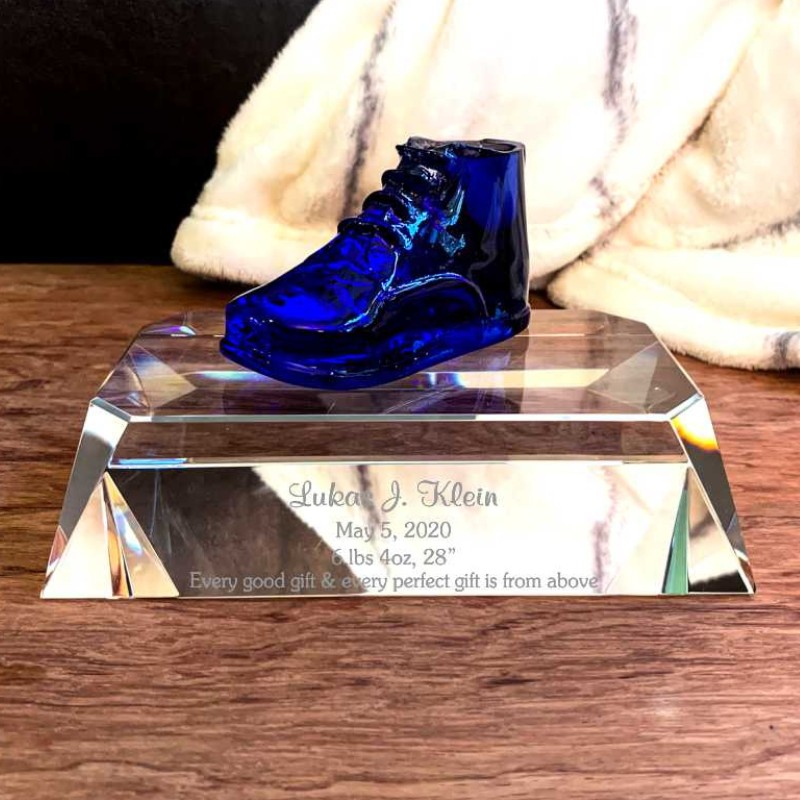 Blue Glass Baby Shoe Keepsake on Crystal Base Noah