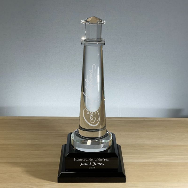 14 Inch Crystal Lighthouse Award on Black Wooden Base, The Cape Charles