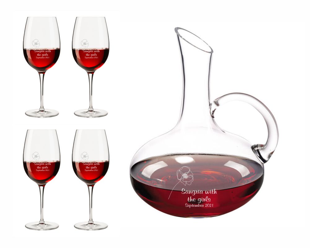 Engraved Wine Carafe with Easy Pour Handle and 4 Wine Glasses Gift Set Cosmo