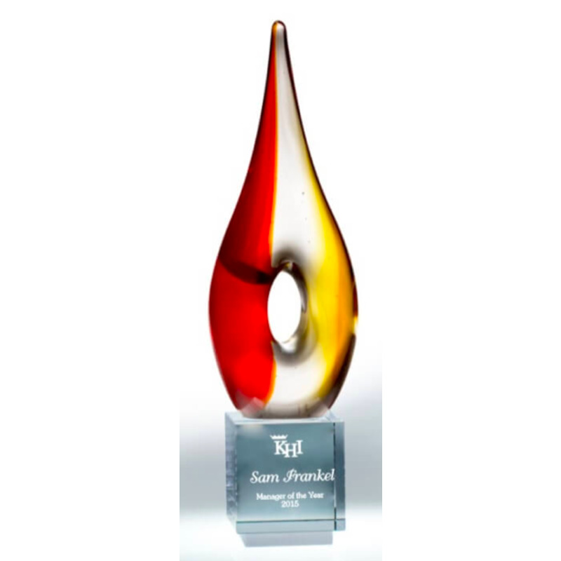 Deep Etched Art Glass Flame Award in Yellow & Red
