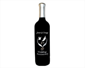 Deep Engraved Wine Bottle with Doves, Ribbons, & Rings