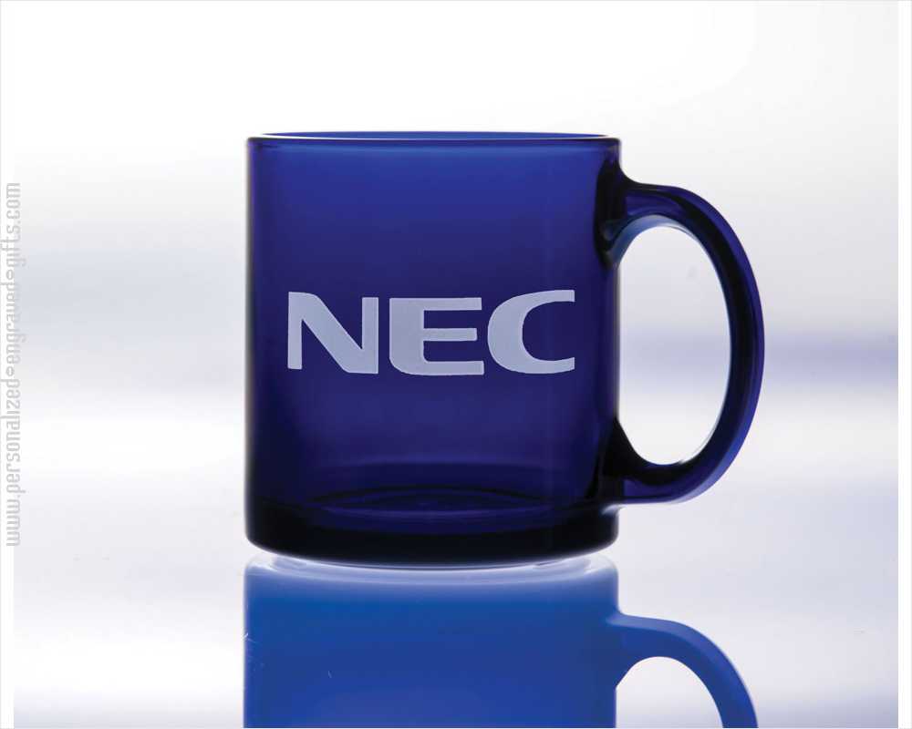 Blue Glass Coffee Mugs Engraved with Custom Logos or Artwork