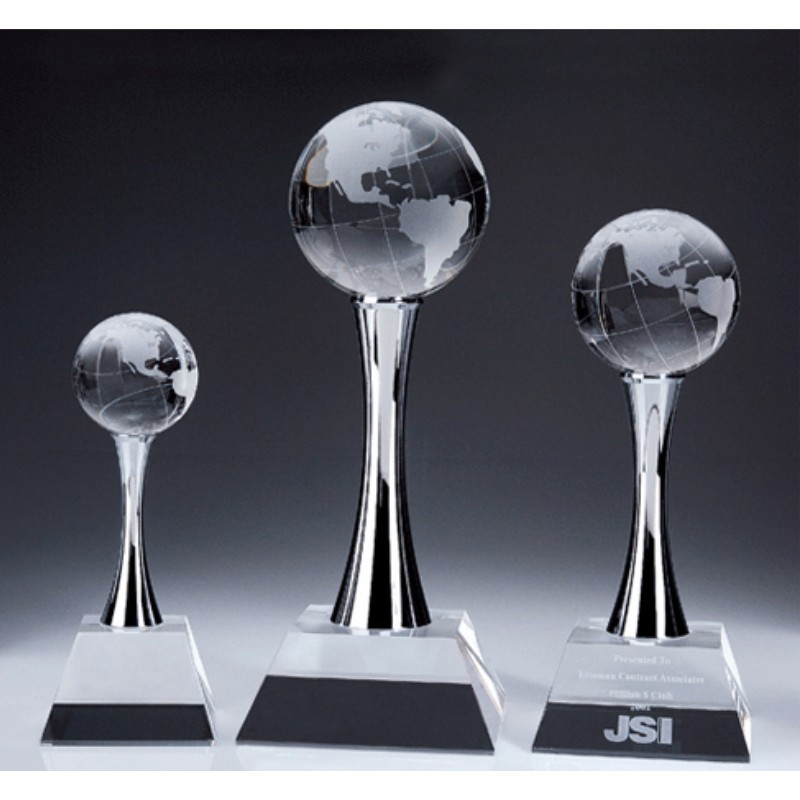 Engraved Crystal Globe Trophy on Chrome Towers