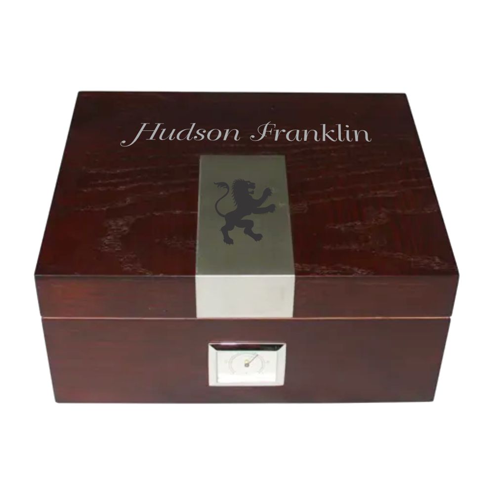 Cherry Humidor with Decorative Silver Plate Arthur