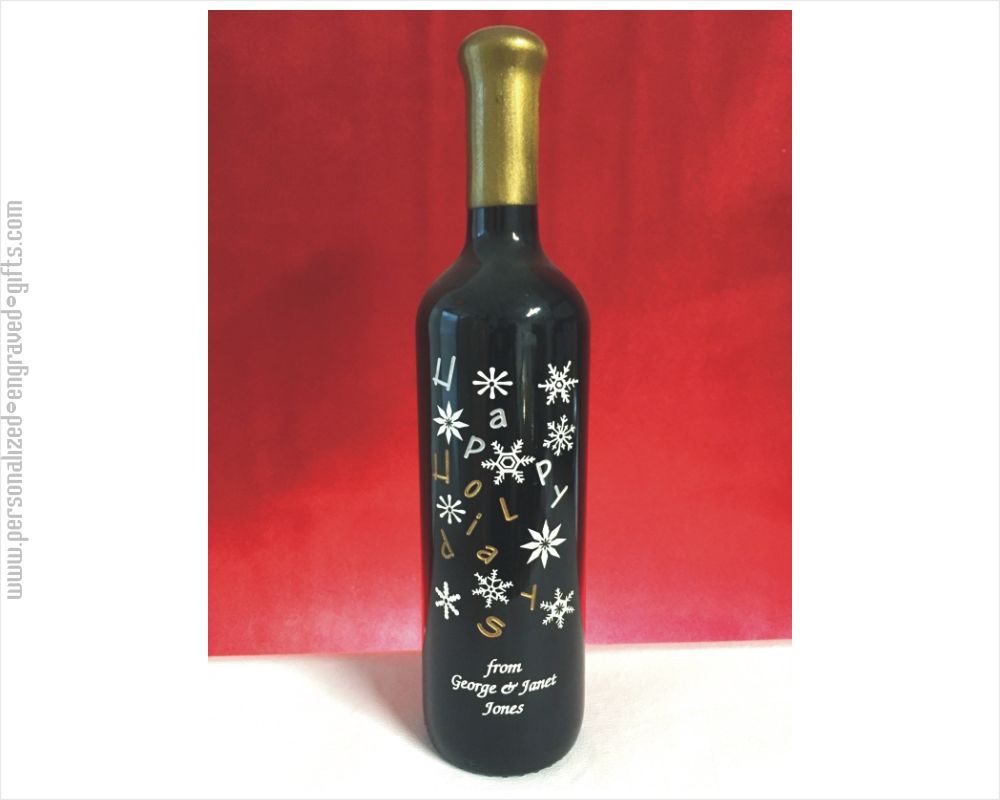 Custom Engraved Happy Holidays Wine Bottle with Snowflakes