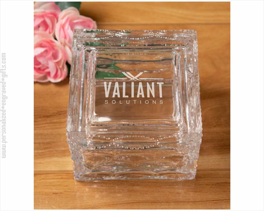 Engraved Square Glass Candy Dish or Keepsake Box with Geranium Design