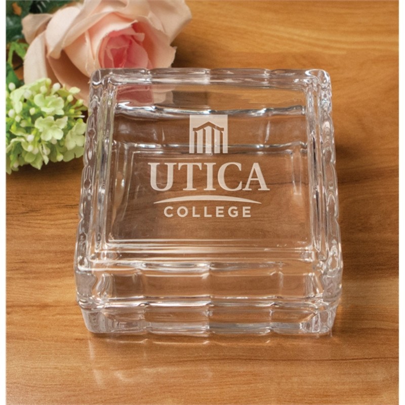 Engraved Square Glass Candy Dish or Keepsake Box with Geranium Design