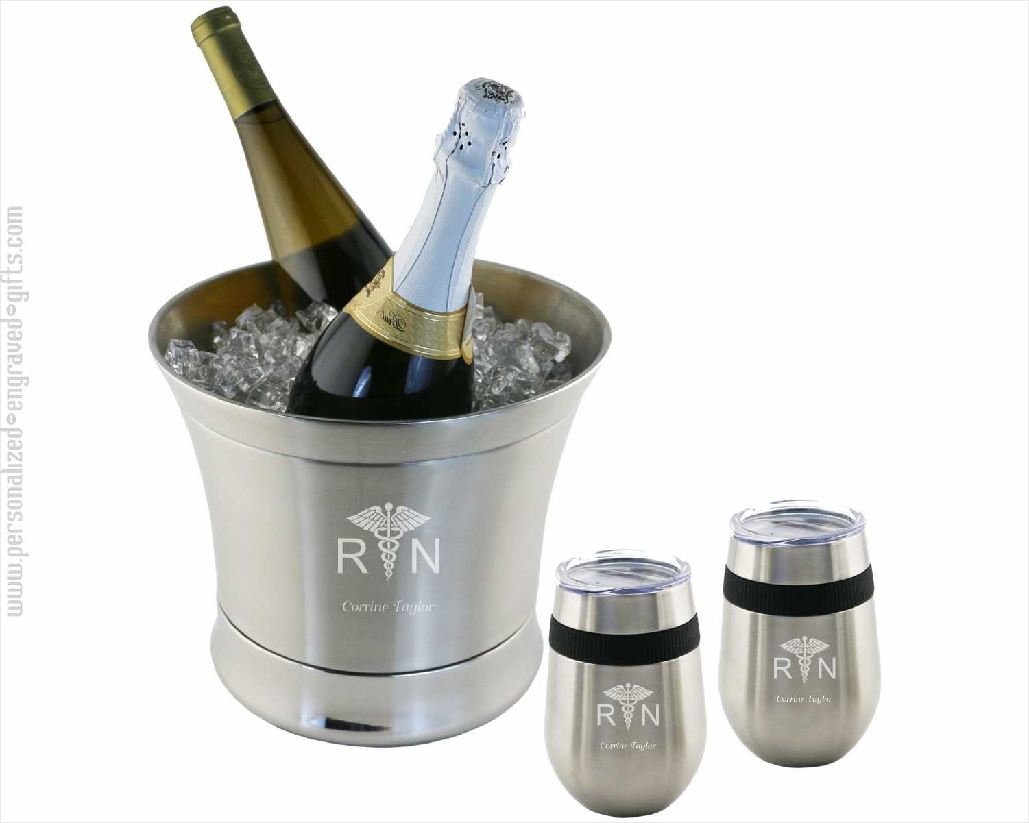 Engraved Stainless Steel Ice Bucket with 2 Stemless Wine Glasses