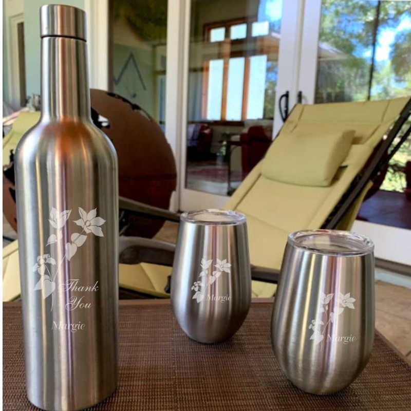 Engraved Stainless Steel Wine Flask with 2 Stemless Glasses