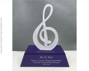Glass Treble Clef Music Award on Custom Engraved Blue Base