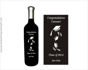 The Graduation Cap Thrown high into the Air Design is Deep Engraved into a Wine Bottle as a Keepsake