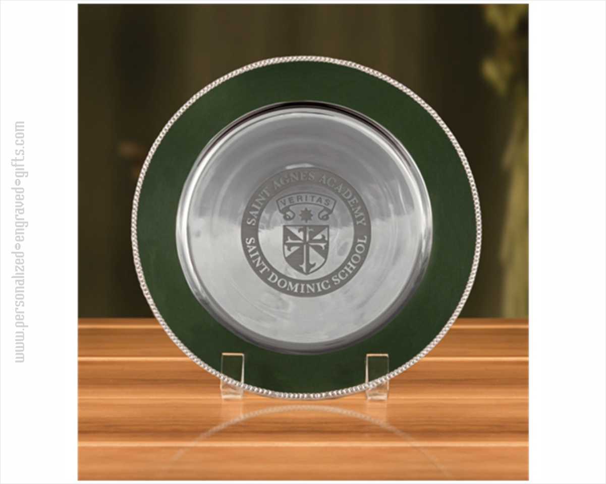 Engraved Aluminum & Green Enameled Round Presentation Plate Evergreen