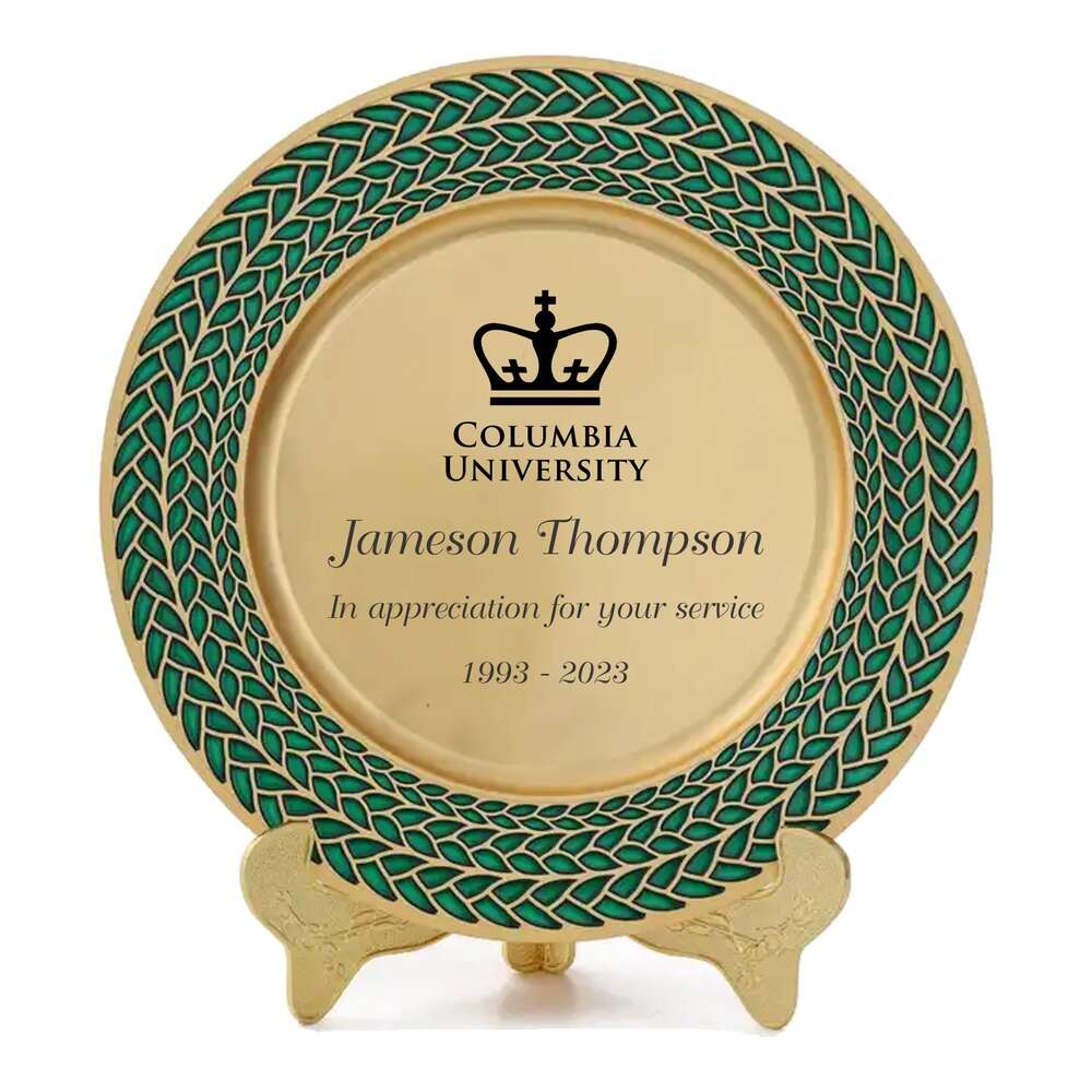 Engraved Gold Plate with Green Enamel Laurel Wreath
