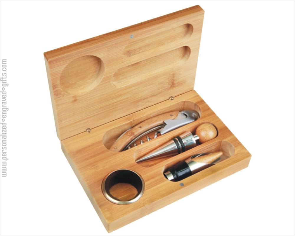 Personalized Engraved Bamboo Wine Opener and Stopper Gift Set