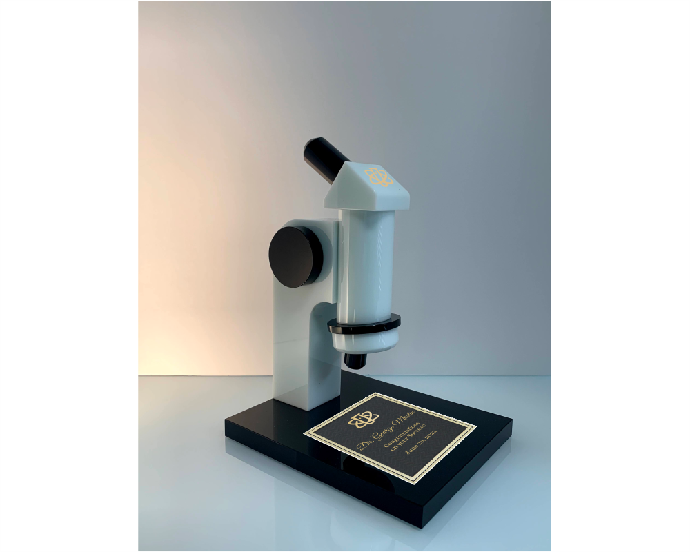 Engraved White and Black Crystal and Marble Microscope Award - Discovery