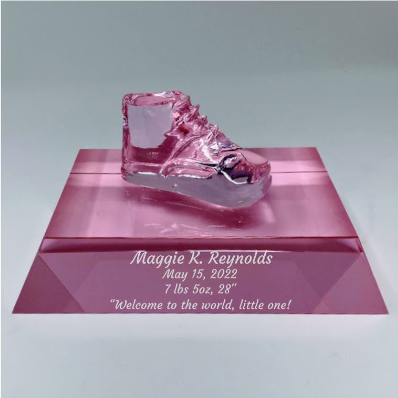 Personalized Pink Glass Baby Shoe Keepsake on Pink Crystal Base Emma